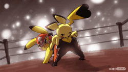 Size: 1920x1080 | Tagged: dead source, suggestive, artist:joaoppereiraus, oc, oc:kanna (joaoppereiraus), oc:leroy, fictional species, pichu, pikachu, feral, nintendo, pokémon, 16:9, 2d, 2d animation, all fours, animated, black eyes, blushing, bottomwear, butt, butt slap, clothes, dominant, dominant male, duo, ears, female, frame by frame, fur, jiggle, legs, logo, looking back, looking down, male, mask, motion lines, nudity, open mouth, pain, pikachu libre, signature, size difference, sound, spanking, submissive, submissive female, tail, webm, wincing, wrestling, wrestling ring, yellow body, yellow fur