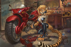 Size: 1200x800 | Tagged: suggestive, artist:sixthleafclover, cheetah, feline, mammal, anthro, big breasts, breasts, clothes, female, hammer, latex, lingerie, motorcycle, solo, solo female, tools, underwear, vehicle, wrench