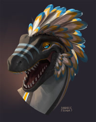 Size: 626x791 | Tagged: safe, artist:madness_demon, dinosaur, raptor, theropod, feral, ambiguous gender, bust, feathers, open mouth, portrait, sharp teeth, solo, solo ambiguous, teeth