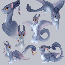 Size: 2000x2000 | Tagged: safe, artist:2d10art, dragon, fictional species, furred dragon, hybrid, mammal, rat, rodent, feral, amber eyes, ambiguous gender, body markings, chest fluff, claws, colored sclera, cute, cute little fangs, fangs, fluff, high res, holding, horn jewelry, horns, leg fluff, looking at you, murine, pale belly, paw fluff, paws, scroll, shoulder fluff, tail, tail fluff, tail hold, teeth, wings, yellow sclera