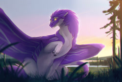 Size: 1280x853 | Tagged: safe, artist:ivnis, dragon, fictional species, furred dragon, feral, lake, male, solo, solo male, sunrise, water