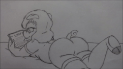 Size: 960x540 | Tagged: suggestive, artist:joaoppereiraus, oc, oc only, oc:sylvia la pig (joaoppereiraus), mammal, pig, suid, anthro, 16:9, 2d, 2d animation, animated, barefoot, big butt, black and white, bottomwear, butt, butt slap, clothes, curled tail, disembodied hand, ears, female, female focus, frame by frame, gif, gray background, grayscale, hands, hooves, looking back, lying down, lying on stomach, monochrome, prone, reading, simple background, skin, slap, solo, solo female, solo focus, spank, surprised, tail, text, topwear, traditional art