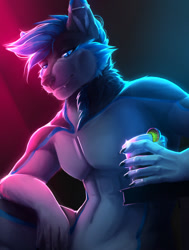 Size: 966x1280 | Tagged: safe, artist:ivnis, canine, dog, husky, mammal, anthro, drink, male, sitting, solo, solo male