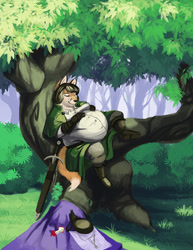 Size: 618x800 | Tagged: species needed, safe, artist:nyil, oc, oc only, canine, mammal, anthro, 2017, clothes, fat, forest, male, obese, scenery, sleeping, solo, solo male, sword, tree, weapon