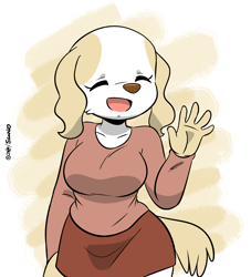 Size: 2000x2200 | Tagged: safe, artist:joaoppereiraus, inui (aggretsuko), borzoi, canine, dog, mammal, anthro, aggretsuko, sanrio, spoiler, spoiler:aggretsuko s3, abstract background, bottomwear, breasts, cheek fluff, clothes, cute, ears, eyes closed, female, fluff, fur, hands, high res, open mouth, signature, simple background, skirt, smiling, solo, solo female, tail, tan background, tan body, tan fur, white background, white body, white fur