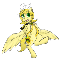 Size: 707x695 | Tagged: safe, artist:mirrorteru, rin kagamine (vocaloid), equine, fictional species, mammal, pegasus, pony, feral, friendship is magic, hasbro, my little pony, vocaloid, crossover, female, feralized, furrified, happy, mare, ponified, smiling, solo, solo female, species swap