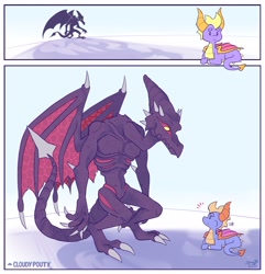 Size: 2600x2700 | Tagged: safe, artist:cloudypouty, ridley (metroid), spyro the dragon (spyro), alien, dragon, fictional species, reptile, anthro, feral, metroid (series), nintendo, spyro the dragon (series), crossover, duo, duo male, high res, looking at each other, male, males only, purple scales, scales, this will not end well
