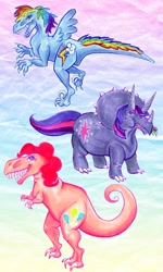 Size: 1024x1707 | Tagged: safe, artist:mermaid-kalo, pinkie pie (mlp), rainbow dash (mlp), twilight sparkle (mlp), ceratops, dinosaur, raptor, theropod, triceratops, tyrannosaurus rex, velociraptor, feral, friendship is magic, hasbro, my little pony, female, herbivore, species swap, trio, trio female