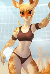 Size: 745x1100 | Tagged: safe, alternate version, artist:2d10art, oc, oc only, giraffe, mammal, anthro, 2019, :3, adorasexy, armband, ball, beach, beach volleyball, belly button, bikini, black eyes, blonde hair, body markings, bracelet, braid, breasts, butt, clothes, cute, ear fluff, eyelashes, female, fluff, front view, fur, glasses, hair, horn jewelry, horns, jewelry, jigsaw, long neck, looking at you, midriff, pale belly, panties, pose, reasonably sized breasts, round glasses, sexy, short hair, smiling, smiling at you, solo, solo female, solo focus, sports bra, spotted fur, sunglasses, swimsuit, tail, tail tuft, thick thighs, thighs, thong, thong swimsuit, topwear, underass, volleyball, volleyball net, wide hips
