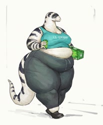 Size: 1414x1716 | Tagged: safe, artist:cettus, oc, oc only, oc:maeve, reptile, snake, anthro, plantigrade anthro, belly, box, breasts, can, clothes, fat, female, huge breasts, jeans, obese, pants, shoes, simple background, smiling, solo, solo female, tank top, topwear, walking, white background