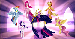 Size: 3000x1566 | Tagged: safe, artist:setharu, applejack (mlp), fluttershy (mlp), pinkie pie (mlp), rainbow dash (mlp), rarity (mlp), twilight sparkle (mlp), earth pony, equine, fictional species, mammal, pegasus, pony, unicorn, semi-anthro, friendship is magic, hasbro, my little pony, 2020, chest fluff, clothes, cowboy hat, crown, element of generosity (mlp), element of honesty (mlp), element of kindness (mlp), element of laughter (mlp), element of loyalty (mlp), element of magic (mlp), elements of harmony (mlp), eyes closed, feathered wings, feathers, female, fluff, flying, freckles, glowing, glowing eyes, hat, high res, hooves, horn, jewelry, magic, magical artifact, mane six (mlp), mare, necklace, raised hoof, regalia, smiling, spread wings, tail, tiara, wings