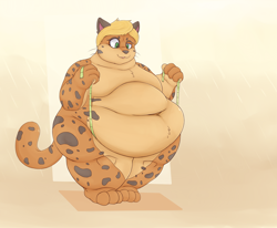Size: 1700x1400 | Tagged: species needed, suggestive, artist:saltypantz, oc, oc only, feline, mammal, anthro, plantigrade anthro, 2016, abstract background, belly button, big belly, brown body, brown fur, commission, fat, fat fetish, fur, green eyes, hyper, male, measuring tape, morbidly obese, obese, smiling, solo, solo male