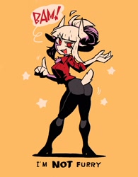 Size: 1500x1920 | Tagged: suggestive, artist:rariatoo, artist:ラリアット, lucifer (helltaker), bovid, demon, fictional species, goat, mammal, anthro, plantigrade anthro, helltaker, bottomwear, breasts, butt, clothes, dialogue, female, fur, goat lucifer, hair, hands, horns, looking at you, looking back, looking back at you, open mouth, pants, red eyes, shirt, shoes, short tail, simple background, solo, solo female, species swap, speech bubble, tail, talking, talking to viewer, text, topwear, white body, white fur, white hair, yellow background