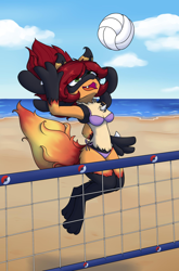 Size: 1580x2400 | Tagged: safe, artist:lockheart, oc, oc only, oc:blitz volu (jet bloodthorn), fictional species, lucario, anthro, digitigrade anthro, nintendo, pokémon, ball, beach, beach volleyball, bikini, breasts, cleavage, clothes, cloud, fangs, female, looking up, ocean, open mouth, raised arm, sand, sharp teeth, smiling, solo, solo female, swimsuit, tail, teeth, volleyball, volleyball net, water