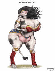 Size: 2550x3300 | Tagged: suggestive, artist:iamokayokayokok, wonder woman (dc comics), bovid, cattle, cow, mammal, anthro, dc comics, breasts, high res, huge breasts, lactation, milk, species swap, thick thighs, thighs, udders, wide hips