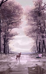 Size: 2188x3500 | Tagged: safe, artist:itsdanfango, oc, oc only, oc:ansel (itsdanfango), cervid, deer, mammal, feral, brown body, brown fur, fur, high res, male, scenery, solo, solo male, tree, umbrella, ungulate