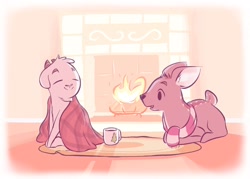 Size: 1280x914 | Tagged: safe, artist:itsdanfango, oc, oc only, oc:ansel, oc:oliver, bovid, cervid, deer, goat, mammal, feral, blanket, clothes, drink, duo, duo male, eyes closed, fire, fireplace, hot chocolate, loafing, lying down, male, males only, open mouth, prone, scarf, sitting, smiling