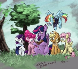 Size: 4653x4107 | Tagged: safe, artist:th3ipodm0n, applejack (mlp), fluttershy (mlp), pinkie pie (mlp), rainbow dash (mlp), rarity (mlp), twilight sparkle (mlp), alicorn, earth pony, equine, fictional species, mammal, pegasus, pony, unicorn, feral, friendship is magic, hasbro, my little pony, 2020, absurd resolution, clothes, feathered wings, feathers, female, flying, folded wings, grass, horn, mane six (mlp), mare, older, reading, signature, smiling, tail, tree, wings