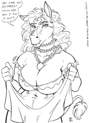 Size: 928x1280 | Tagged: suggestive, artist:maxblackrabbit, oc, oc only, oc:kamber (kamber), equine, horse, mammal, anthro, bedroom eyes, big breasts, black and white, breasts, choker, cleavage, clothes, commission, dialogue, dress, dress lift, grayscale, herm, intersex, jewelry, looking at you, monochrome, necklace, open mouth, signature, simple background, smiling, solo, speech bubble, sundress, tail, talking, talking to viewer, text, white background