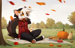 Size: 1280x825 | Tagged: safe, artist:aseethe, oc, oc only, oc:chise (sailorrooscout), mammal, marten, mustelid, pine marten, anthro, digitigrade anthro, 2020, apple, autumn, beanie, blanket, cheek fluff, claws, clothes, coffee, colored sclera, commission, crossed legs, cup, cute, cute little fangs, digital art, drink, ear fluff, fangs, female, fluff, food, fruit, grass, hair, latte, leaf, orange eyes, outdoors, paw pads, paws, picnic, pie, pumpkin, pumpkin pie, pumpkin spice latte, signature, sitting, solo, solo female, tail, tail fluff, teeth, tree, underpaw, vegetables, whiskers, white hair, yellow sclera