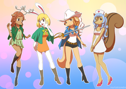 Size: 800x571 | Tagged: safe, artist:hapuriainen, carrot (one piece), milky (one piece), tristan (one piece), wanda (one piece), canine, cervid, deer, dog, lagomorph, mammal, mink tribe, rabbit, reindeer, rodent, squirrel, anthro, plantigrade anthro, one piece, antlers, boots, breasts, cleavage, cloak, clothes, dress, female, females only, group, hand on hip, hands together, hat, headwear, holding object, looking at you, nurse, nurse hat, on one leg, open mouth, raised leg, shirt, shoes, side slit, smiling, sword, tail, topwear, weapon