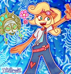Size: 1649x1722 | Tagged: safe, artist:tikibreeki, coco bandicoot (crash bandicoot), kupuna-wa (crash bandicoot), bandicoot, mammal, marsupial, anthro, crash bandicoot (series), abstract background, duo, duo female, female, flower, goggles, happy, mask