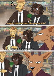 Size: 913x1280 | Tagged: safe, artist:stanharu, louis (beastars), big cat, cervid, deer, feline, lion, mammal, anthro, beastars, agata (beastars), annoyed, antlers, broccoli, cauliflower, claws, clothes, comic, confused, curious, dialogue, food, freckles, free (beastars), group, holding, holding food, indoors, male, males only, meme redraw, necktie, open mouth, question mark, scar, sharp teeth, store, suit, talking, teeth, text, trio, trio male, vegetables, whiskers