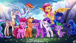 Size: 2560x1440 | Tagged: safe, artist:thomas_horak, applejack (mlp), fluttershy (mlp), pinkie pie (mlp), princess celestia (mlp), princess luna (mlp), rainbow dash (mlp), rarity (mlp), twilight sparkle (mlp), alicorn, earth pony, equine, fictional species, mammal, pegasus, pony, unicorn, feral, friendship is magic, hasbro, my little pony, 16:9, 2020, clothes, cowboy hat, crown, feathered wings, feathers, female, flying, folded wings, hat, hoof shoes, horn, jewelry, mare, peytral, regalia, smiling, sparkly mane, sparkly tail, spread wings, tail, wallpaper, wings