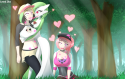 Size: 2400x1513 | Tagged: suggestive, artist:zko, oc, oc only, duskull, fictional species, gardevoir, human, mammal, anthro, nintendo, pokémon, against tree, anthro on human, breasts, cleavage, clothes, drooling, eyes rolling back, female, female/female, glowing, glowing eyes, grass, group, hair, hat, heart, holding character, human/anthro, hypnosis, interspecies, kiss mark, lidded eyes, lipstick, makeup, midriff, multicolored hair, open mouth, open smile, outdoors, pink hair, saliva, saliva trail, shirt, shirt lift, sloppy kissing, smiling, tongue, tongue out, topwear, tree, trio, trio female