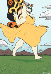 Size: 1424x2048 | Tagged: safe, artist:softsorbet, mothra (godzilla), arthropod, fictional species, insect, kaiju, monster, moth, anthro, plantigrade anthro, godzilla (series), antennae, barefoot, chest fluff, clothes, cloud, commission, compound eyes, dress, female, fluff, four arms, grass, hand on head, hat, mountain, mountain range, multiple arms, signature, solo, solo female, sun hat, sundress, wings