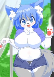Size: 1280x1811 | Tagged: safe, artist:bakegirin, canine, dog, mammal, anthro, adorasexy, belly button, blushing, clothes, coffee, crop top, cropped shirt, cute, drink, female, fur, kemono, looking at you, open mouth, sexy, slightly chubby, solo, solo female, topwear