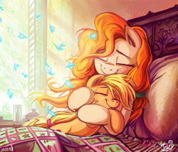 Size: 1199x1027 | Tagged: safe, artist:jowybean, applejack (mlp), pear butter (mlp), earth pony, equine, fictional species, mammal, pony, feral, friendship is magic, hasbro, my little pony, 2d, bed, bright, color porn, cottagecore, cute, daughter, duo, duo female, eyes closed, feels, female, filly, flower petals, foal, freckles, happy, heartwarming, hug, mare, mother, mother and daughter, petals, pillow, precious, smiling, ungulate, wholesome, young, younger