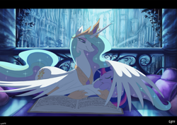 Size: 1305x922 | Tagged: safe, artist:jowybean, princess celestia (mlp), twilight sparkle (mlp), alicorn, equine, fictional species, mammal, pony, feral, friendship is magic, hasbro, my little pony, 2d, :o, balcony, book, cuddling, cute, duo, duo female, eyes closed, female, filly, foal, hug, letterboxing, lidded eyes, lying down, mare, open mouth, prone, scenery, scenery porn, signature, size difference, sleeping, smiling, snuggling, sparkly hair, sparkly mane, sparkly tail, spread wings, wing blanket, wing hug, wings, young