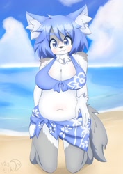 Size: 1280x1811 | Tagged: safe, artist:bakegirin, canine, dog, mammal, anthro, adorasexy, beach, belly button, big breasts, bikini, blushing, breasts, clothes, curvy, cute, female, fur, kemono, kneeling, looking at you, ocean, sexy, slightly chubby, solo, solo female, swimsuit, water