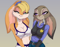 Size: 2400x1900 | Tagged: safe, artist:delki, judy hopps (zootopia), lola bunny (looney tunes), lagomorph, mammal, rabbit, anthro, disney, looney tunes, warner brothers, zootopia, 2018, belly button, blonde hair, breast squish, breasts, brown body, brown fur, cheek fluff, cleavage, clothes, crop top, crossover, crossover shipping, dipstick tail, duo, duo female, eye contact, eyebrows, eyelashes, female, female/female, floppy ears, fluff, fur, gradient background, gray body, gray fur, green eyes, hair, lidded eyes, lolahopps (looney tunes/zootopia), long ears, midriff, multicolored fur, pale belly, purple eyes, shipping, sports bra, symmetrical docking, tail, topwear, two toned body, two toned fur, uniform, watermark