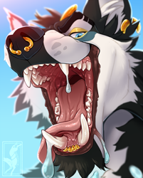 Size: 1027x1280 | Tagged: suggestive, artist:twistedhound, canine, mammal, wolf, ambiguous form, ambiguous gender, bust, gold, gold teeth, mawshot, nose piercing, nose ring, open mouth, piercing, saliva