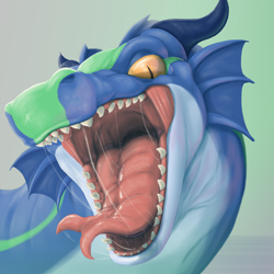 Size: 2500x2500 | Tagged: suggestive, artist:ayvore, dragon, fictional species, reptile, scaled dragon, wyvern, feral, ambiguous gender, bust, high res, mawshot, open mouth, saliva, solo, solo ambiguous, three-quarter view, tongue, tongue out