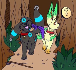 Size: 640x592 | Tagged: safe, artist:piecreature, artist:thornbeast, eeveelution, fictional species, leafeon, mammal, umbreon, feral, comic:an evening stroll through the forest, nintendo, pokémon, ambiguous gender, bandanna, clothes, collar, duo, forest, open mouth, scenery, walking