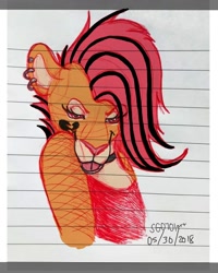 Size: 1080x1350 | Tagged: safe, alternate version, artist:stargazerseven, oc, oc only, big cat, feline, lion, mammal, anthro, 2018, bust, clothes, female, fishnet clothing, irl, lined paper, photo, photographed artwork, signature, solo, solo female, traditional art