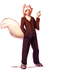 Size: 872x1072 | Tagged: safe, artist:robertge, canine, mammal, wolf, anthro, digitigrade anthro, bottomwear, chest fluff, clothes, fluff, looking at you, male, pants, shirt, smiling, solo, solo male, topwear, yellow eyes