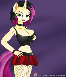 Size: 2200x2600 | Tagged: suggestive, artist:novaspark, oc, oc only, oc:mix n' match, equine, fictional species, mammal, pony, unicorn, anthro, cc by-nc-nd, creative commons, friendship is magic, hasbro, my little pony, 2020, anthrofied, belly button, breast grab, breasts, clothes, ear piercing, explicit source, female, fishnet, goth, grope, high res, looking at you, midriff, nail polish, patreon logo, piercing, see-through, self grope, solo, solo female