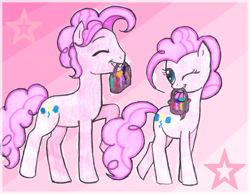 Size: 1684x1304 | Tagged: dead source, safe, artist:jaquelindreamz, pinkie pie (mlp), earth pony, equine, fictional species, mammal, pony, feral, friendship is magic, hasbro, my little pony, 2012, bag, bubble berry (mlp), eyes closed, female, male, male/female, mare, one eye closed, rule 63, self paradox, selfcest, shipping, smiling, tail, winking