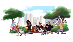 Size: 1911x1119 | Tagged: safe, artist:ehh123, artist:itsbetsy, dodger (oliver & company), einstein (oliver & company), francis (oliver & company), georgette (oliver & company), rita (oliver & company), tito (oliver & company), bulldog, canine, cat, chihuahua, dog, feline, great dane, jack russell terrier, mammal, poodle, saluki, terrier, anthro, disney, oliver & company, 2014, 2d, female, group, male