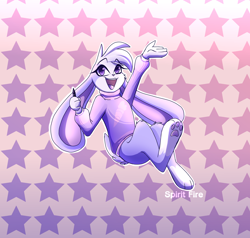 Size: 2100x2000 | Tagged: safe, artist:spirit-fire360, oc, oc only, oc:hunibun (ashley nichols art), lagomorph, mammal, rabbit, anthro, digitigrade anthro, 2020, abstract background, big ears, clothes, ears, female, fur, high res, lavender fur, looking at you, open mouth, purple eyes, smiling, smiling at you, solo, solo female, stylus, sweater, topwear