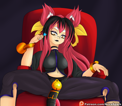 Size: 3000x2600 | Tagged: safe, artist:novaspark, kokonoe mercury (blazblue), animal humanoid, feline, fictional species, mammal, humanoid, blazblue (series), cc by-nc-nd, creative commons, belly button, bracelet, candy, clothes, female, food, goth, high res, jewelry, lipstick, looking at you, makeup, midriff, sitting, solo, solo female, spread legs, tail