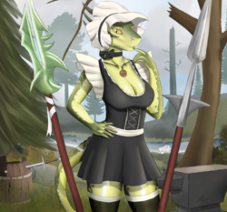 Size: 1500x1400 | Tagged: safe, artist:kasaler, lifts-her-tail (the elder scrolls), argonian, fictional species, reptile, anthro, the elder scrolls, breasts, cleavage, clothes, conifer tree, female, legwear, maid, polearm, solo, solo female, spear, stockings, tree, weapon