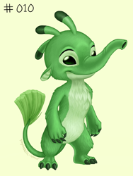 Size: 750x1000 | Tagged: safe, artist:psychedelic-lemur, felix (lilo & stitch), alien, experiment (lilo & stitch), fictional species, semi-anthro, series:psychedelic-lemur's experiment project, disney, lilo & stitch, 2020, 3 toes, 4 fingers, antennae, bipedal, claws, digital art, dipstick antennae, fur, green background, green body, green claws, green eyes, green fur, looking at you, male, proboscis, simple background, smiling, solo, solo male, standing, toe claws, trunk