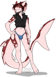 Size: 943x1280 | Tagged: suggestive, artist:kittydee, fish, shark, anthro, digitigrade anthro, bulge, bust, clothes, crop top, femboy, fullbody portrait, jacket, male, males only, panties, panty bulge, portrait, sleeveless jacket, smiling, thighs, topwear, underwear, wide hips