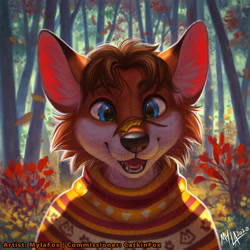 Size: 1280x1280 | Tagged: safe, artist:mylafox, oc, oc only, oc:catkin (catkinfox), canine, fox, mammal, red fox, anthro, 2020, autumn, blue eyes, brown hair, cheek fluff, clothes, commission, digital art, digital painting, ear fluff, fluff, front view, hair, leaf, male, open mouth, outdoors, scenery, sharp teeth, signature, solo, solo male, sweater, teeth, topwear, whiskers, ych result