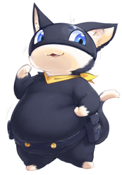 Size: 880x1264 | Tagged: safe, artist:veiukket, morgana (persona), cat, feline, mammal, semi-anthro, persona (series), persona 5, 2020, black body, black fur, blue eyes, fat, fur, looking at you, male, open mouth, overweight, simple background, smiling, smiling at you, solo, solo male, white background, white body, white fur